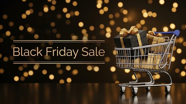 A small shopping cart filled with gift boxes against a dark background with golden bokeh lights for black friday