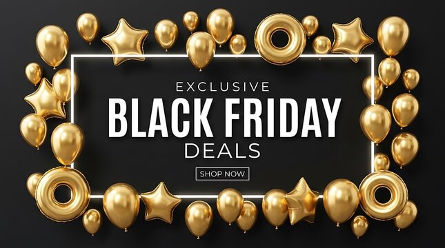 A festive black friday sale background featuring a rectangular frame decorated with shiny golden balloons on black