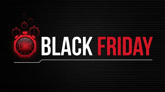 A bold and modern black friday promotional banner featuring a red alarm clock icon on a dark background