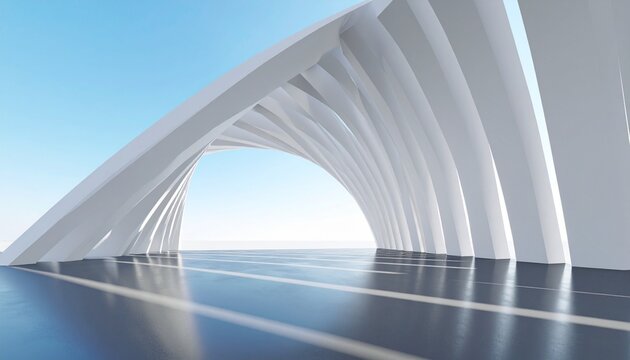 Modern Futuristic White Arched Building with Reflective Floor and Blue Sky