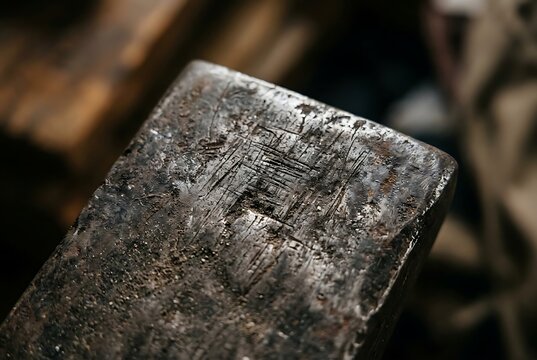 Close up of heavily scratched worn steel surface of vintage blacksmith tool.