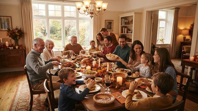 Happy multigenerational family enjoying a festive thanksgiving dinner together at home