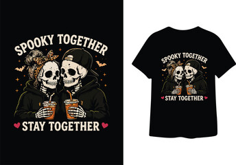 Fototapeta premium Two skeletons drinking iced coffee wearing hoodies graphic art creates romantic spooky together couple design for matching apparel and holiday outfits.