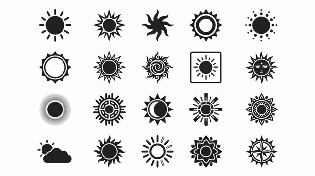 Collection of twenty different black sun symbols and weather icons