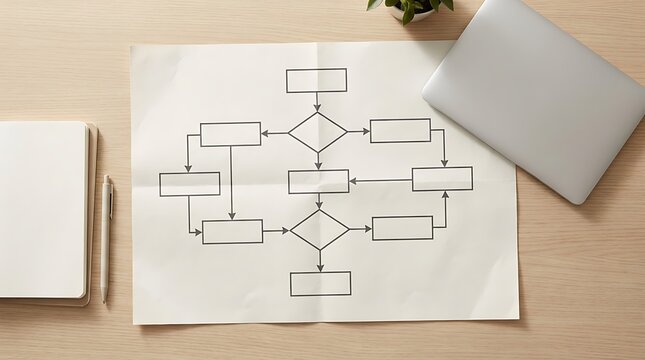 Un diagrama de flujo en blanco dibujado en papel grande sobre una mesa de oficina con computadora port&aacute;til