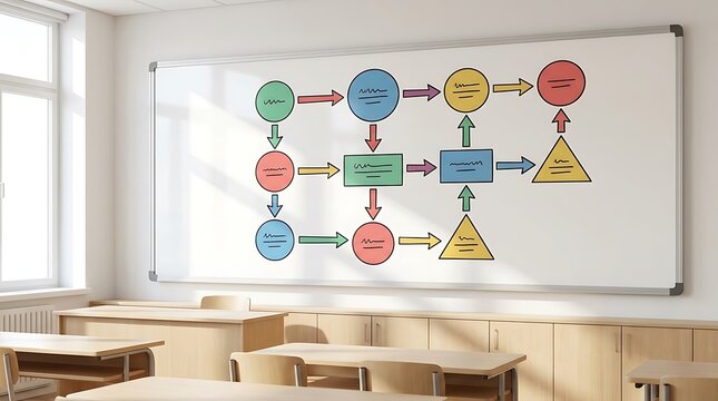 Un diagrama de flujo colorido ilustrado en una pizarra blanca dentro de un salon de clases vacio