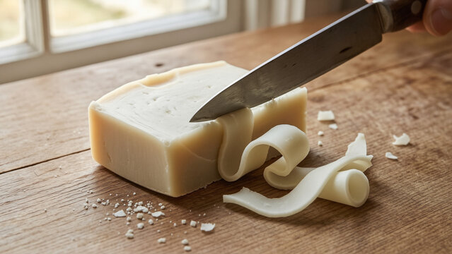 Closeup of white cheese block being sliced with kitchen knife on rustic wooden board creamy texture fresh dairy food preparation culinary ingredient artisan cheese shaving thin curls natural product 