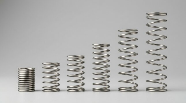 Metal coil springs arranged vertically from small to large, illustrating mechanical components and precision engineering.