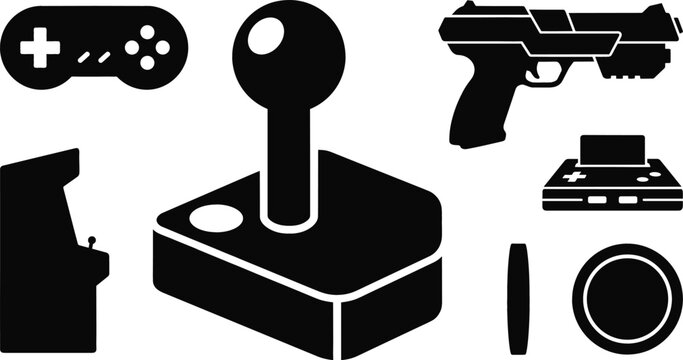 Retro video game arcade controller joystick gamepad console light gun token cabinet silhouette vector web icon set