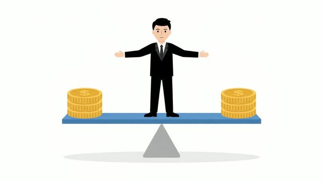 Businessman wearing a suit stands on a balancing scale between two large stacks of gold coins to symbolize financial stability, wealth management, and professional economic decision making process.
