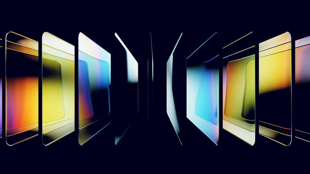 Iridescent glossy glass plates with chromatic dispersion on a black background