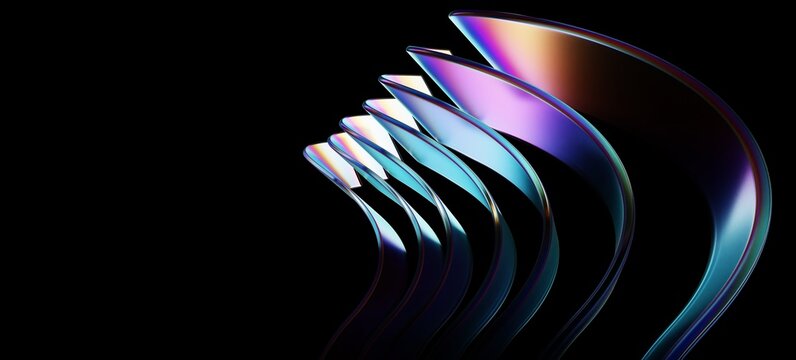 Abstract purple, green, and blue glass ribbons refracting light on a black background