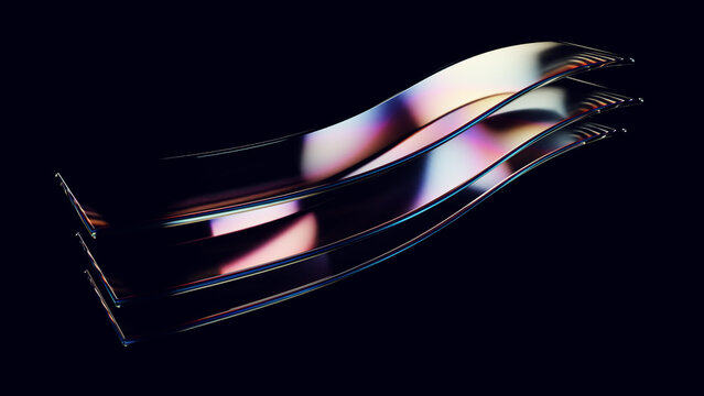 Smooth, curved lines of iridescent glass on black background.