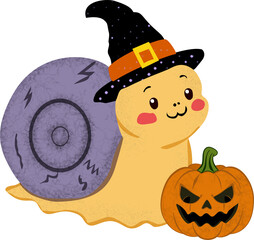 Cute snail wearing witch hat sitting near halloween pumpkin cartoon illustration © SIEOTY