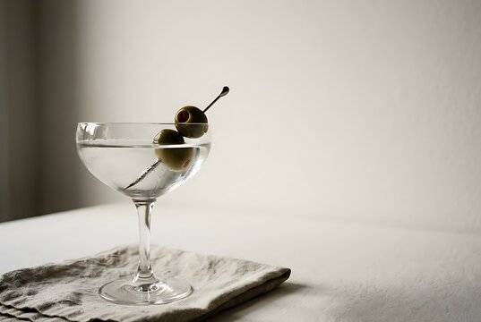 Classic clear martini cocktail served in coupe glass with olive garnish.