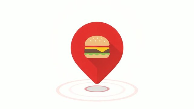 Hamburger icon is centered within a red location pin marker to indicate the proximity of a dining establishment or a fast food restaurant for hungry customers searching for a nearby food outlet.