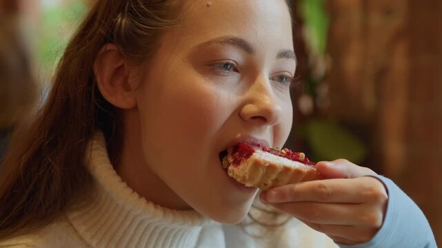Close up of young woman eating food in indoor setting. Woman holds and takes bites from various pastries with soft lighting highlighting her actions against blurred background featuring warm