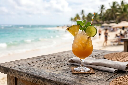 Tropical cocktail on a wooden table overlooking a sunny beach and ocean.