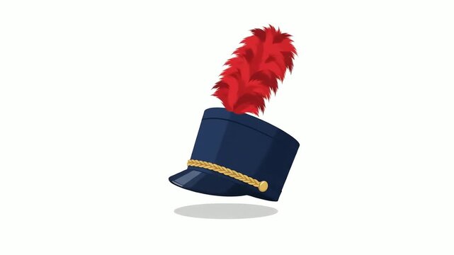 Marching band hat with a bright red plume sits against a plain background to represent the tradition and discipline of musical performance groups in parades and formal school sporting events.