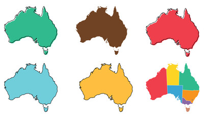 Colorful vector map outlines of Australia, featuring diverse vibrant designs and a detailed geographical representation displaying all its states and territories © bitcoin