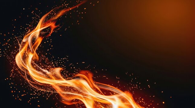 Dynamic flames dance across a dark background, creating a dramatic and fiery effect. Sparks and embers swirl and cascade, adding to the intensity and movement of the fire.
