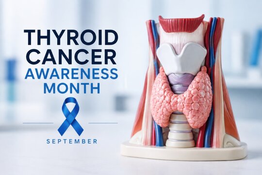 Thyroid Cancer Awareness Month banner with anatomical thyroid model, blue awareness ribbon and September text