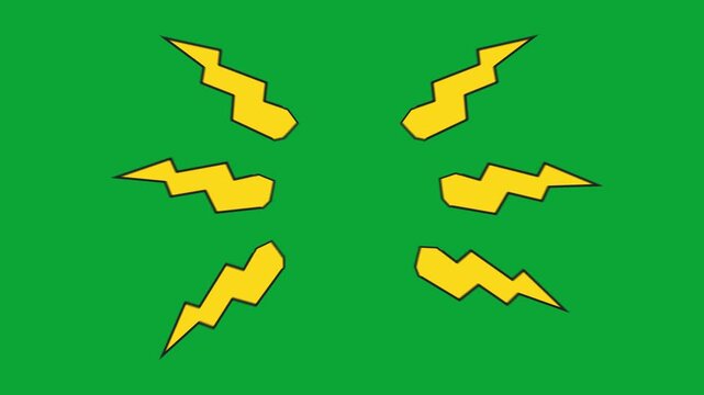2D Hand Drawn Six Yellow Lightning Sparks Radial Burst Animation Overlay on Green Screen Background