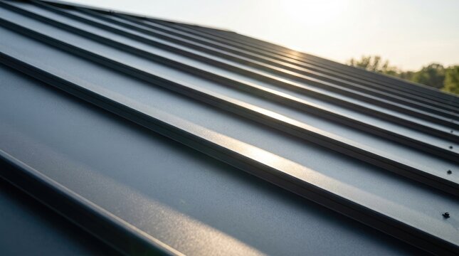 A close-up shot of a dark gray metal roof with prominent vertical ridges. The sun is setting, casting a warm glow and creating long shadows across the surface.