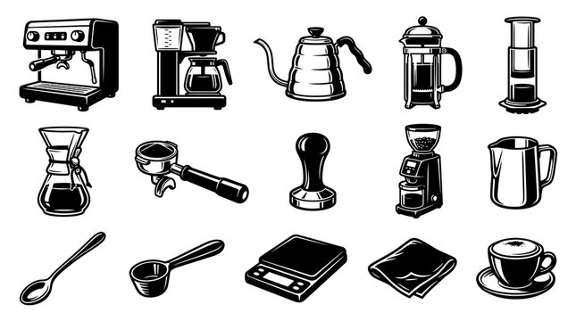 Coffee Making Equipment Icons Set. Barista Tools and Machines. Monochrome Black and White Line Art Vector.