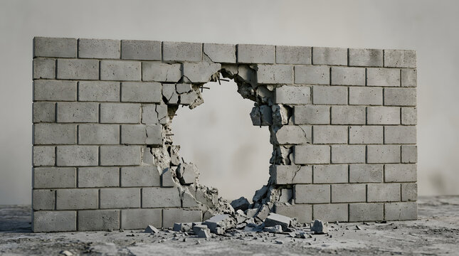 Damaged concrete brick wall featuring large circular breach and scattered debris symbolizes breakthrough or structural destruction.