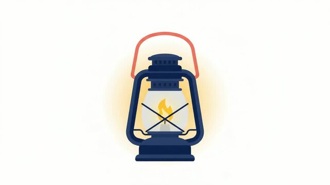 Lantern with a glowing flame illuminates the darkness as a vintage light source depicted in a clean and simple vector illustration style suitable for cozy home decor or outdoor adventure themes.