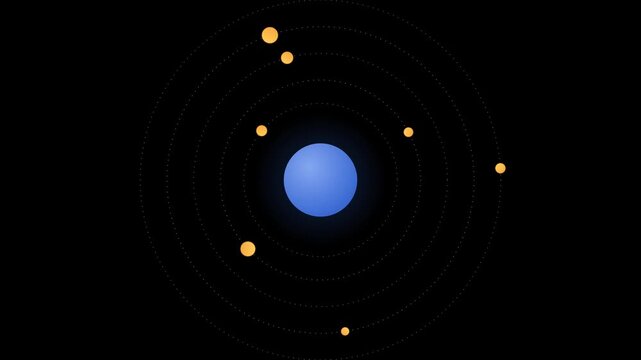 Atomic structure models with orbiting electrons on black background