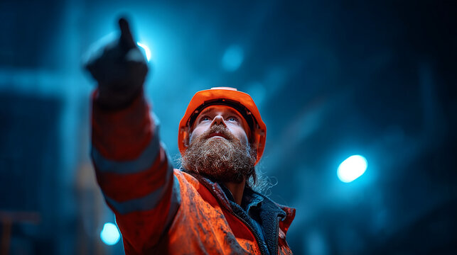 Construction worker with beard in hard hat and reflective vest pointing at site