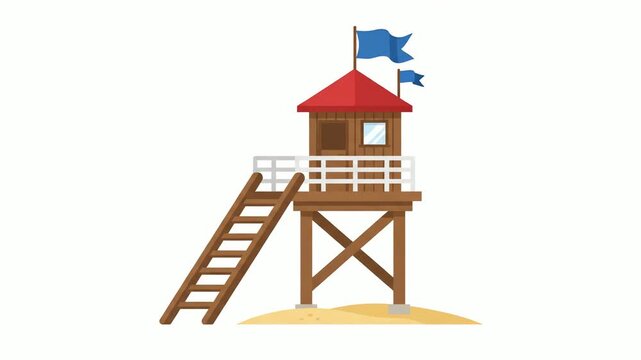 Lifeguard tower stands tall on a sandy beach with a red roof and a wooden structure designed for safety surveillance, providing a clear vantage point for coastal monitoring across the sunny shoreline.
