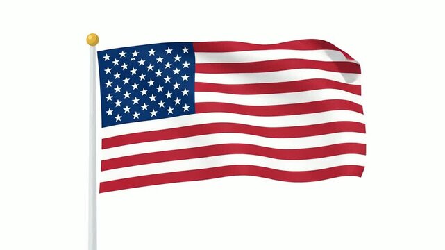 American flag waves proudly on a flagpole against a clean white background to represent national pride, patriotism, unity, and the historic symbols of the United States of America for projects.
