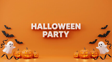 Fototapeta premium Spooky 3D halloween party background on bright orange backdrop featuring glowing jack o lantern pumpkins, flying bats, cute ghosts, and bold text display for autumn celebration