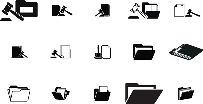 Law firm logo vector set with judicial gavels and legal case folders for courtroom branding concepts