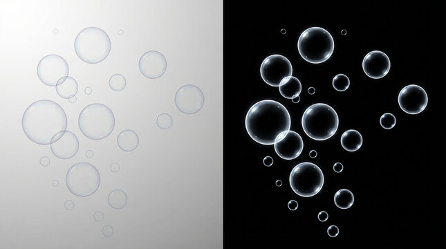 Transparent soap bubbles floating on split background, white and black sides with circular reflections and soft gradients