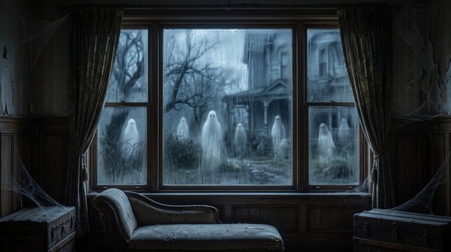 Eerie vintage window covered with rain and surrounded by cobwebs, revealing several ghostly figures outside in a dark autumn garden, creating a frightening Halloween horror scene