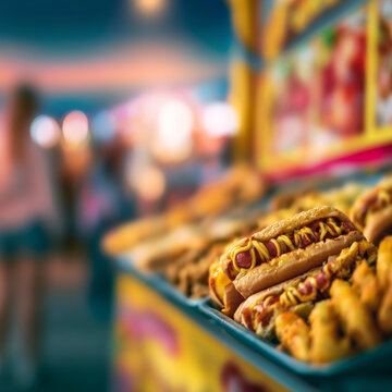 Fresh hot dogs in toasted buns topped with yellow mustard at a street food market stall