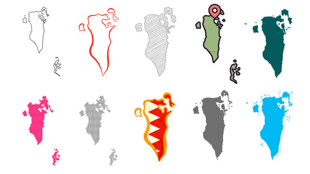 Diverse collection of Bahrain map illustrations, showcasing various outlines, styles, and flag designs. Explore geographic representations and graphic icons of the Arabian Peninsula nation