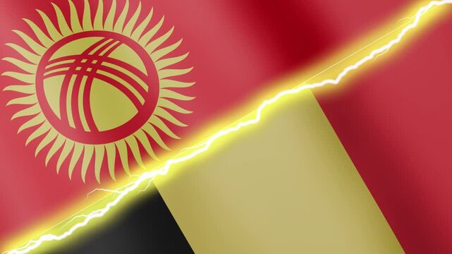 Two waving flags Kyrgyzstan and Belgium with diagonal lightning seamless, 4k loop