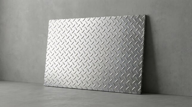 A shiny dimond plate metal sheet leaning against a concrete wall in an industrial workshop setting