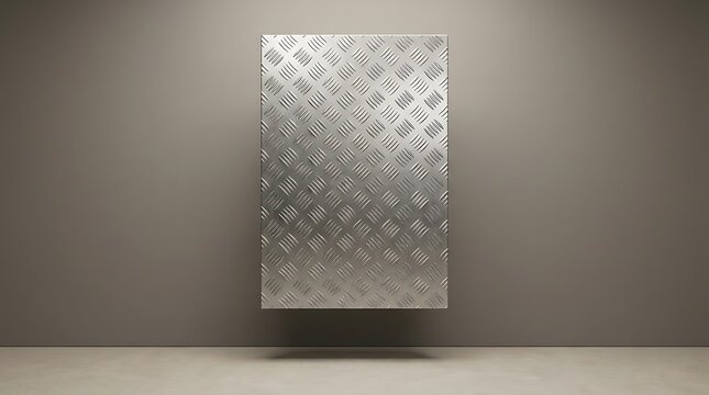 A shiny silver dimond plate sheet mounted vertically on a studio wall showcasing industrial steel texture