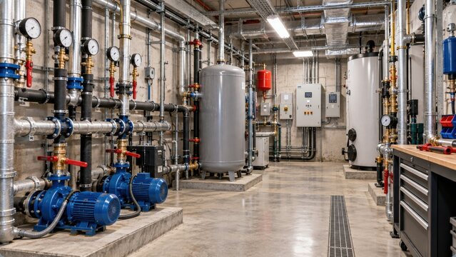 Boiler room system with blue pumps pressure gauges and pipes for heating in industrial building.