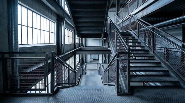 Industrial metal staircase with dimond plate steps in a modern manufacturing facility and factory interior