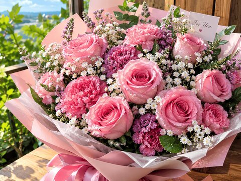 Beautiful pink and white roses in a stunning close-up, photorealistic, ultra-detailed, 4MP quality, soft natural lighting, water droplets on the petals, fresh green leaves, a garden background with so