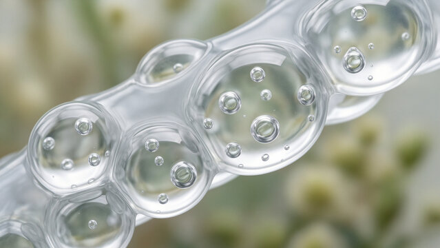 Macro closeup of transparent gel structure featuring rounded chambers suspended air bubbles glossy surface fluid texture translucent material organic abstraction cellular pattern soft green background