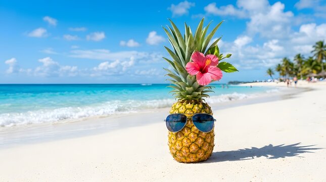 Tropical fruit drink with flowers on a pristine white sand beach under blue skies