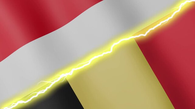 Two waving flags Monaco and Belgium with diagonal lightning seamless, 4k loop